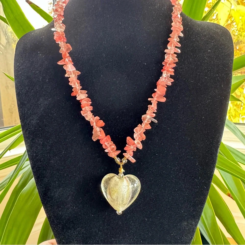 Elegant Rose Pink Quartz Feminine Necklace with Glass Heart Pendant
